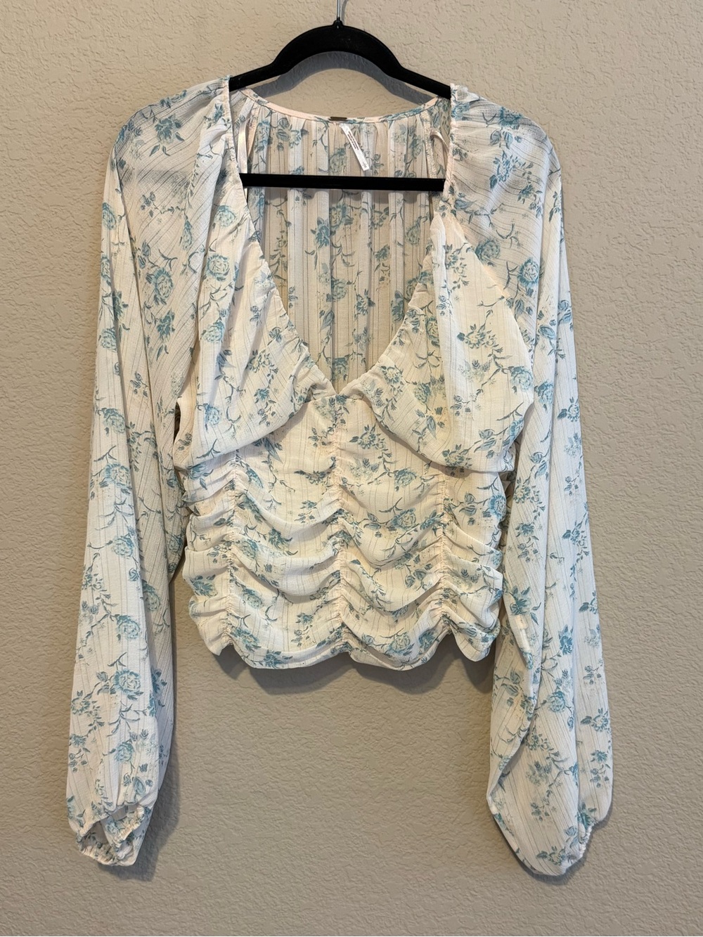 Free People Final Rose Ivory Deep V-Neck Long Sleeve Ruched Sheer Top Smocked L